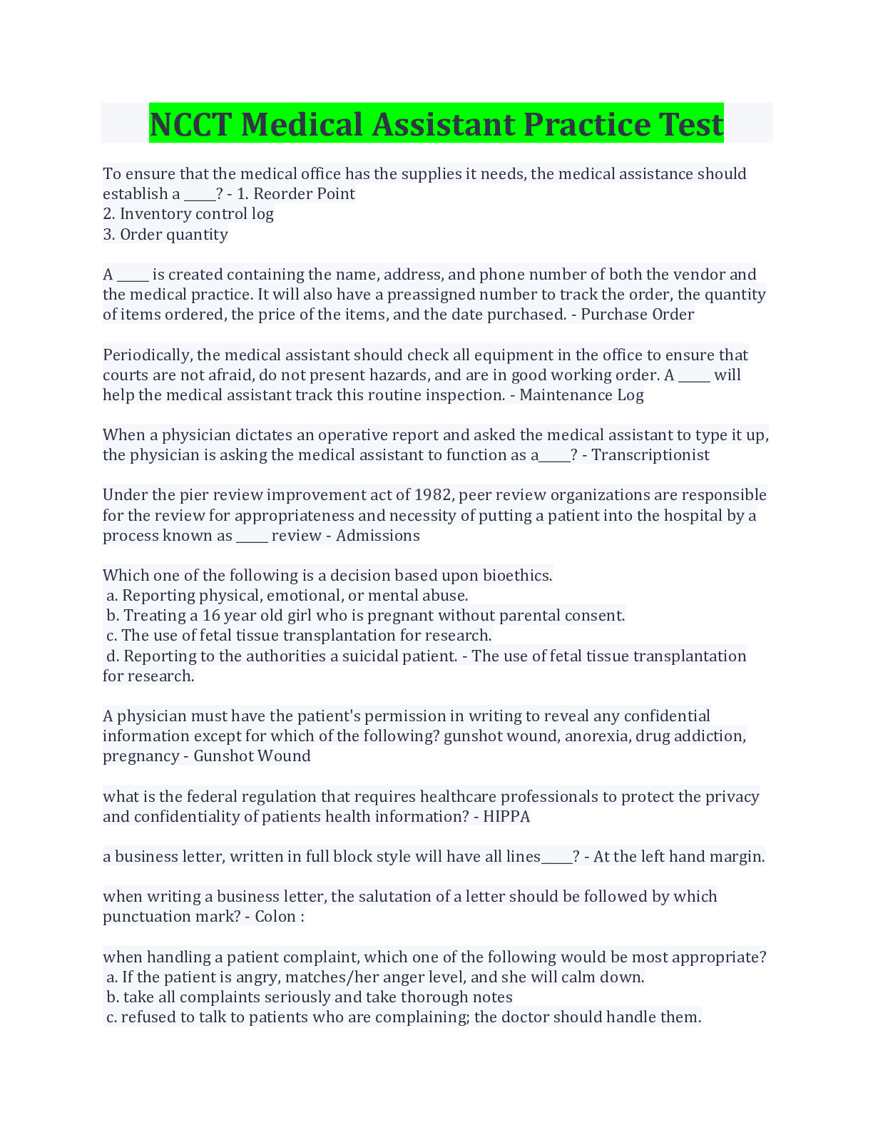 Preview image for NCCT Medical Assistant Practice Test Questions And Answers